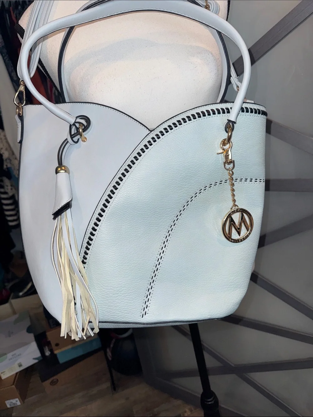 Light Blue Shoulder Bag with Tassel and Gold Charm and Matching Wallet